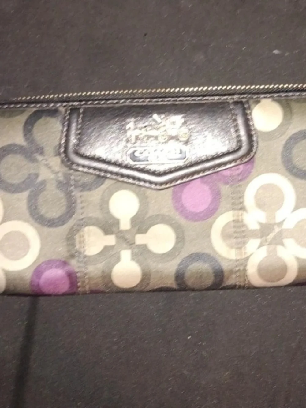 Coach Signature Circle Print Sateen Long Wallet - Black, Gray & Purple